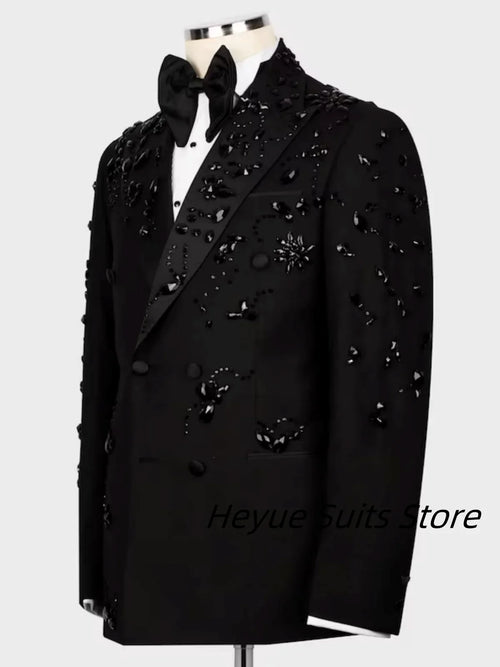Elegant Luxury Men Suits Black Gold Double-Breasted Jewelry Ornament Shining Tuxedo for Wedding Party