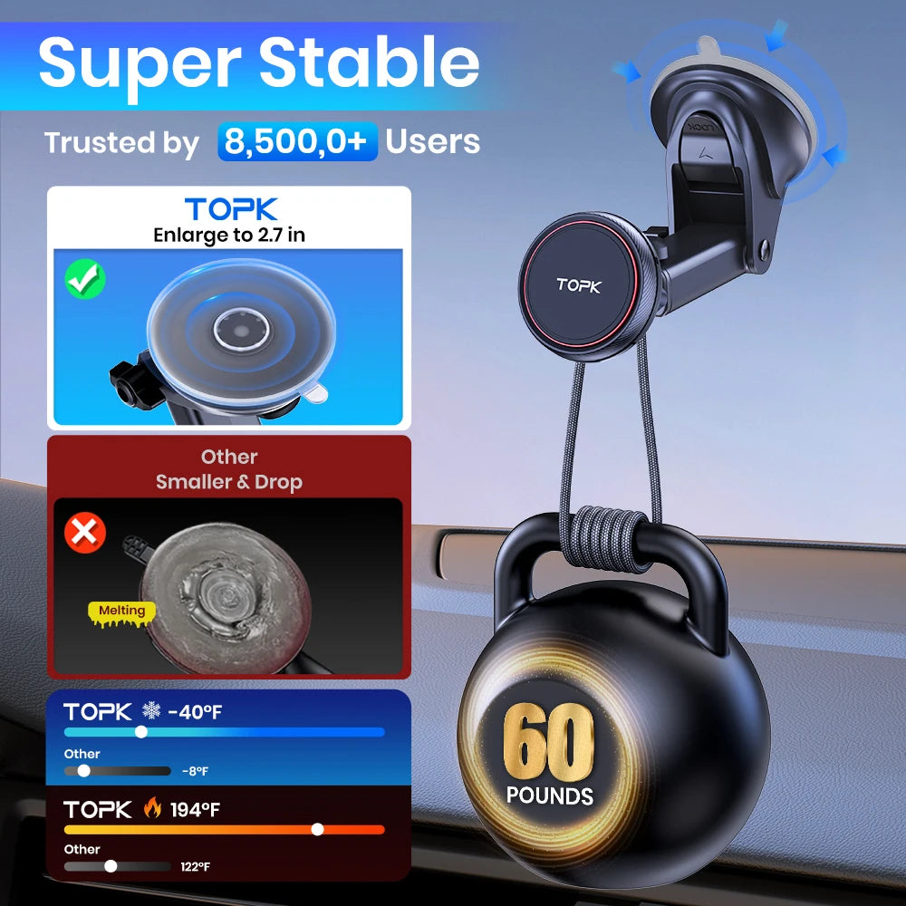 Support Téléphone Voiture TOPK Magnétique – Bras Long, Ventouse, 360° Réglable