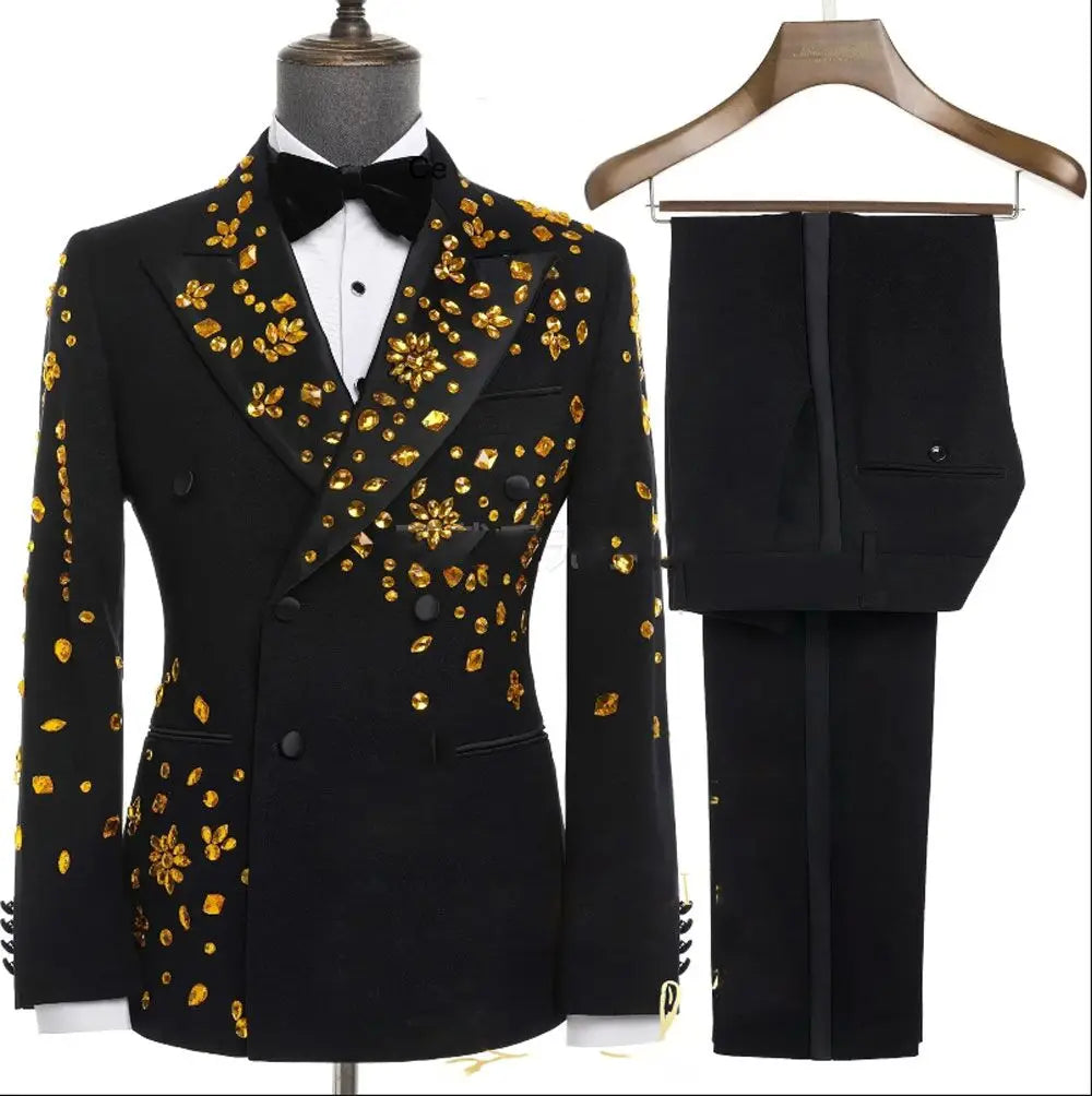 Elegant Luxury Men Suits Black Gold Double-Breasted Jewelry Ornament Shining Tuxedo for Wedding Party