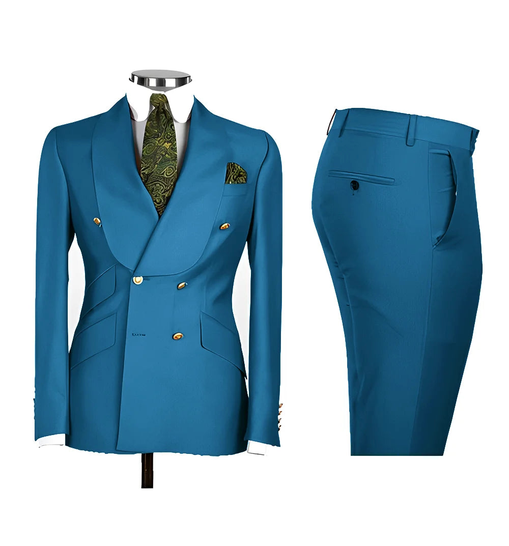 Light Blue Men's Suits Chic Double Breasted Blazer Peak Lapel Elegant Formal Set Male 2 Piece Jacket Pants Wedding Groom Tuxedos