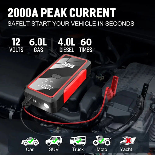 Booster de Démarrage Voiture 2000A – Power Bank 12V, Urgence Auto