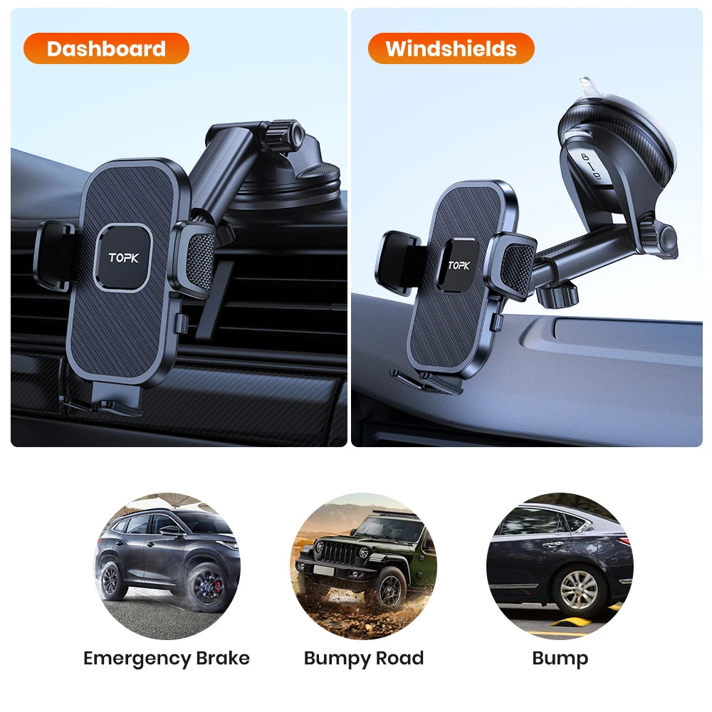 Support Téléphone Voiture TOPK Réglable – Pare-Brise, Tableau de Bord & 360°