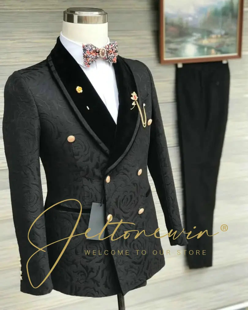 Men's Black Jacquard Two Piece Suit with Double Breasted Design and Velvet Lapel Slim Fit Formal Wear for Wedding Groomsmen Part