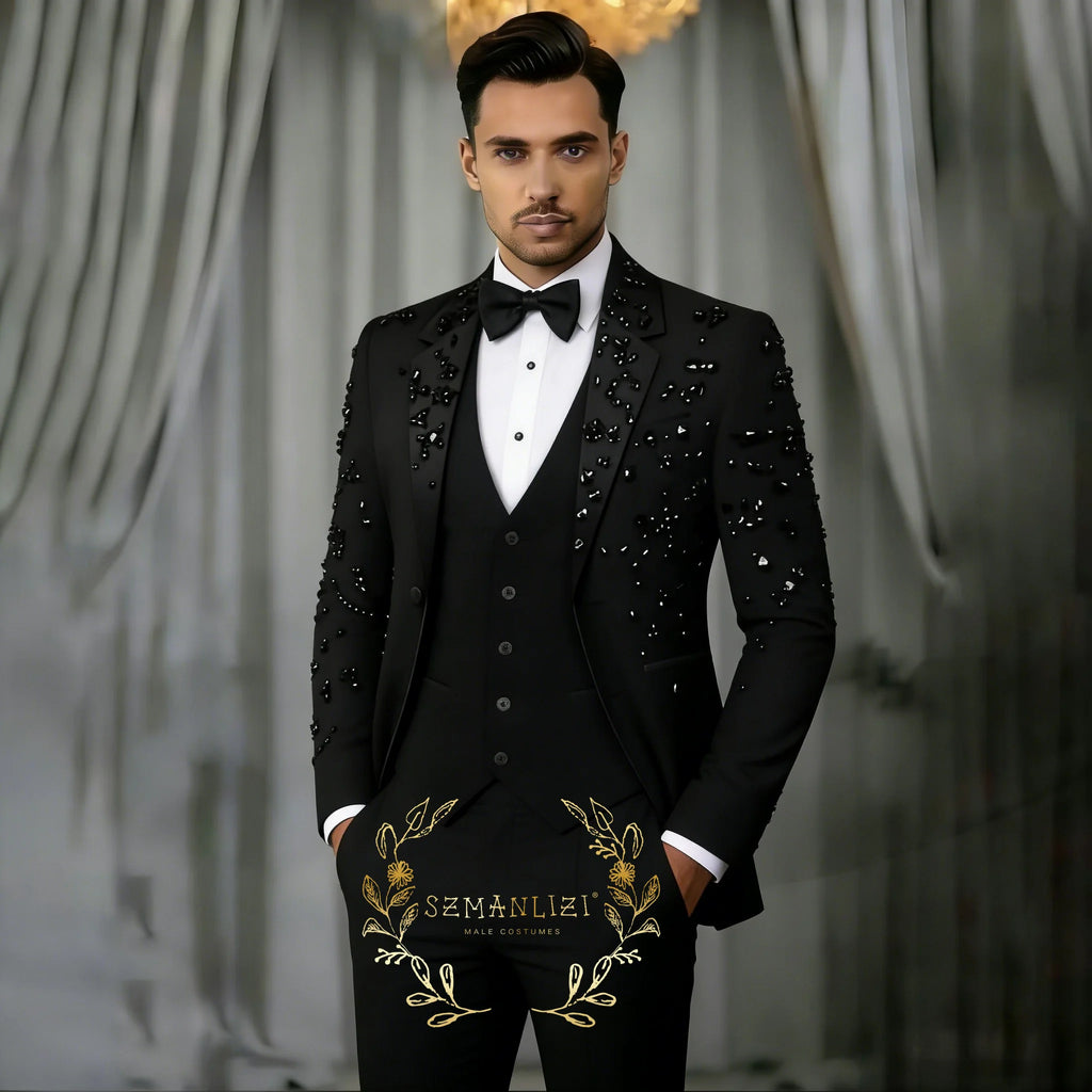 Luxury Black Crystal Men Suits 3 Pieces Sets Groom Wedding Tuxedos Notched Lapel Male Prom Party Blazer Slim Fit Costume Homme