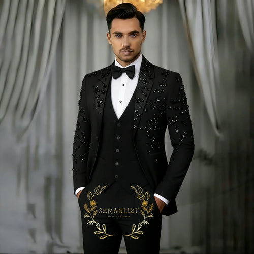 Luxury Black Crystal Men Suits 3 Pieces Sets Groom Wedding Tuxedos Notched Lapel Male Prom Party Blazer Slim Fit Costume Homme