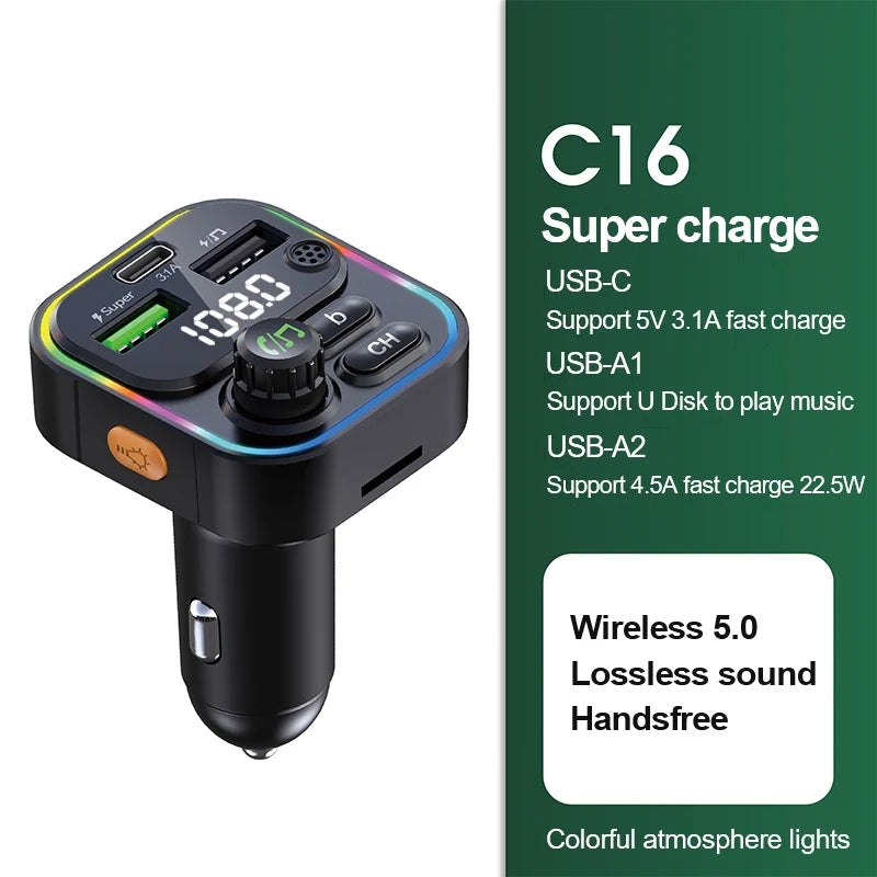 Transmetteur FM Bluetooth 5.0 – Charge Rapide 22.5W, Mains Libres & MP3