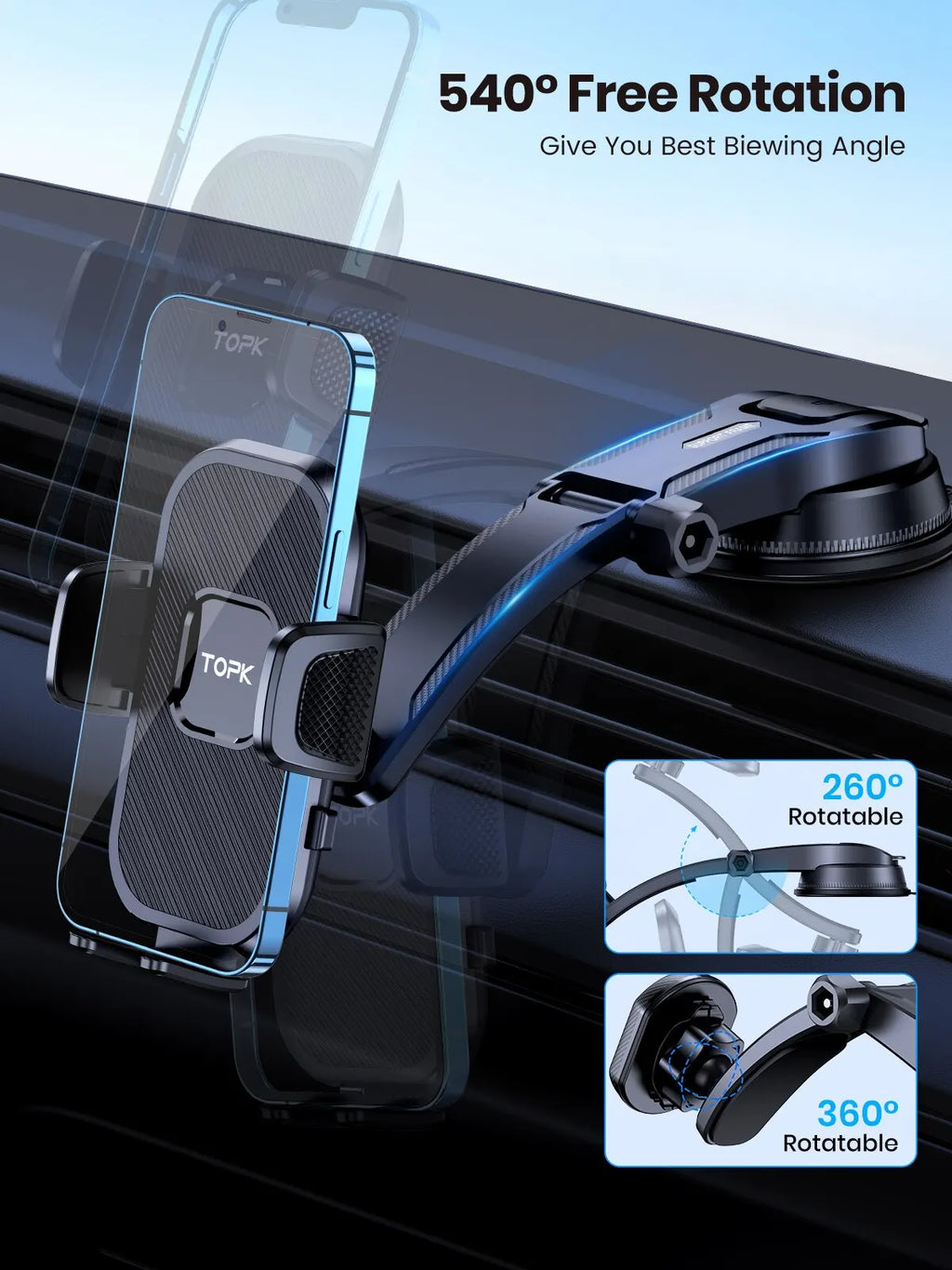 Support Téléphone Voiture TOPK – Gravité Universelle, Tableau de Bord, Pare-Brise & Grille d'Aération