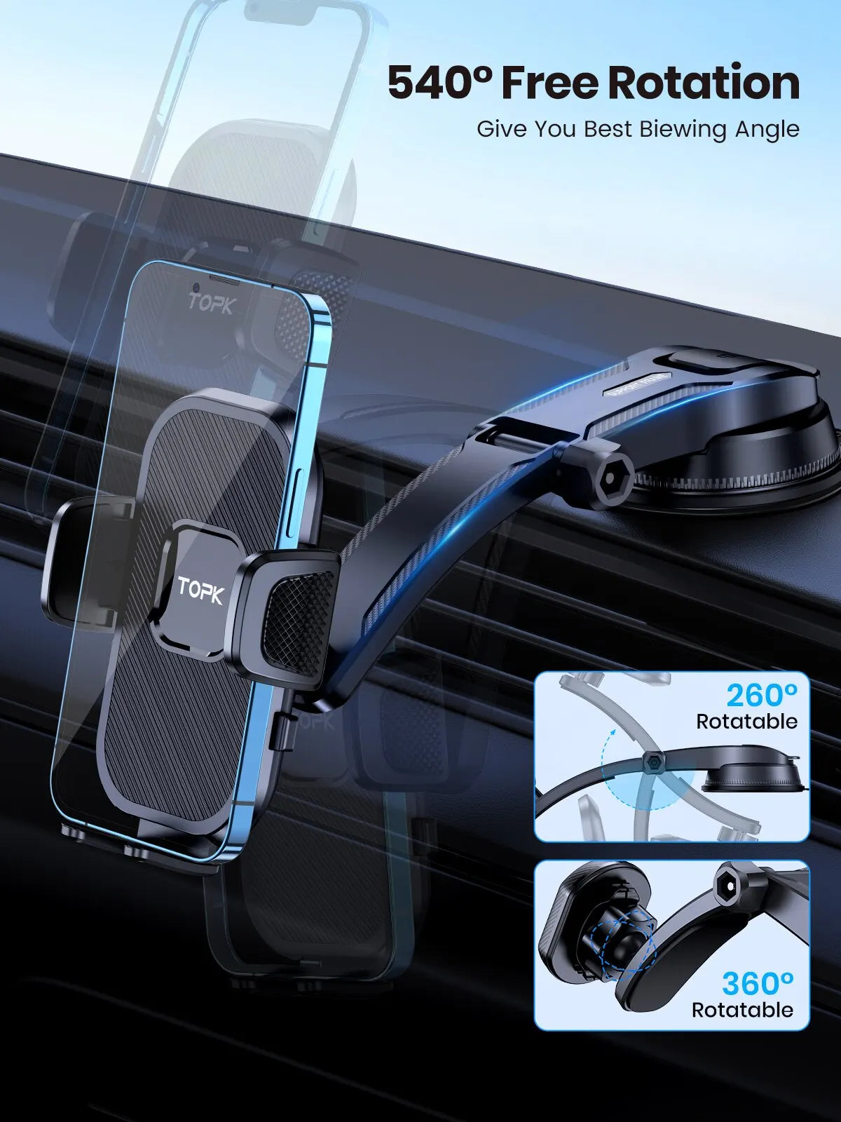 Support Téléphone Voiture TOPK – Gravité Universelle, Tableau de Bord, Pare-Brise & Grille d'Aération