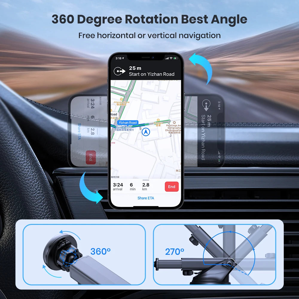 Support Téléphone Voiture TOPK Magnétique – Bras Long, Ventouse, 360° Réglable