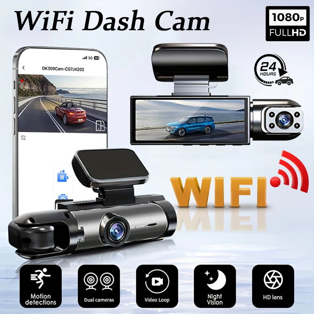Dashcam WiFi Double Caméra 1080P – Vision Nocturne IR, Grand Angle & Enregistrement Boucle