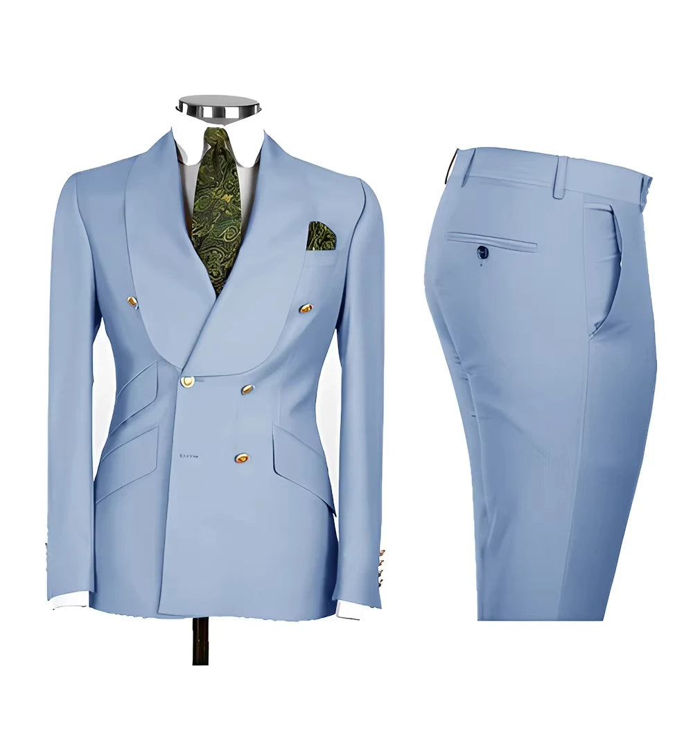 Light Blue Men's Suits Chic Double Breasted Blazer Peak Lapel Elegant Formal Set Male 2 Piece Jacket Pants Wedding Groom Tuxedos