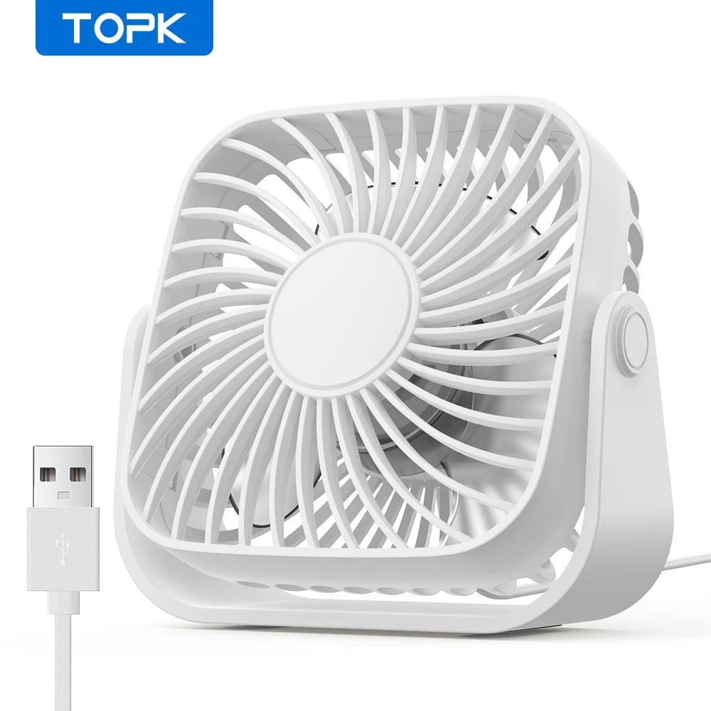 Ventilateur USB TOPK 4 Pouces – 3 Vitesses, 360°, Silencieux & Portable