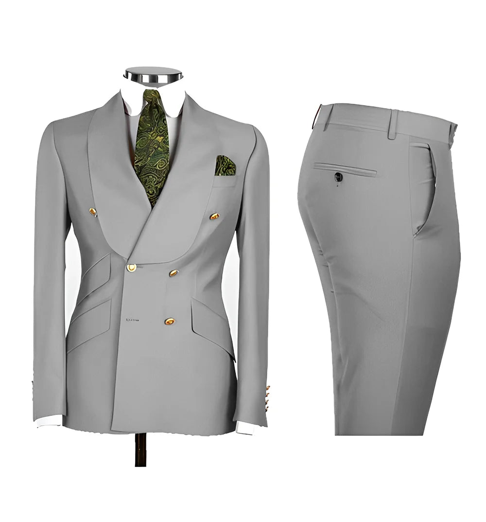 Light Blue Men's Suits Chic Double Breasted Blazer Peak Lapel Elegant Formal Set Male 2 Piece Jacket Pants Wedding Groom Tuxedos
