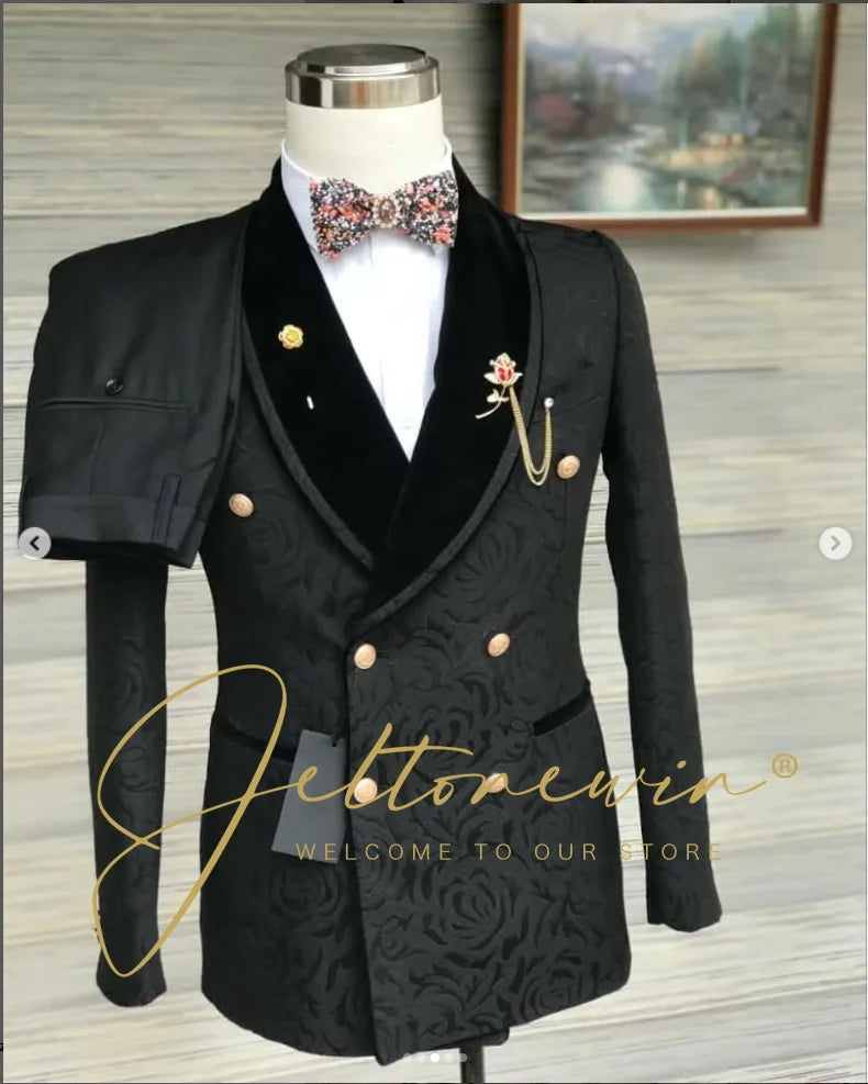 Men's Black Jacquard Two Piece Suit with Double Breasted Design and Velvet Lapel Slim Fit Formal Wear for Wedding Groomsmen Part