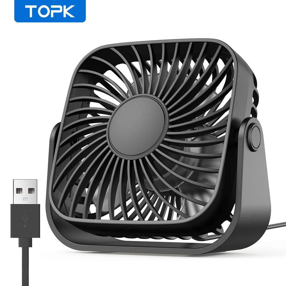 Ventilateur USB TOPK 4 Pouces – 3 Vitesses, 360°, Silencieux & Portable