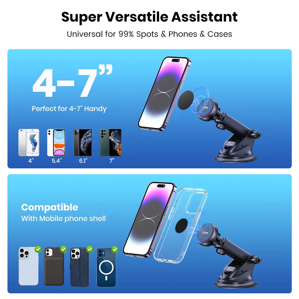 Support Téléphone Voiture TOPK Magnétique – Bras Long, Ventouse, 360° Réglable