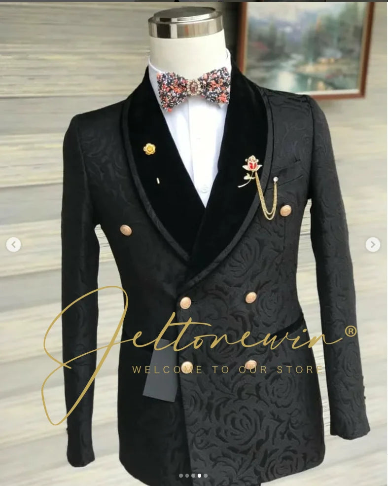 Men's Black Jacquard Two Piece Suit with Double Breasted Design and Velvet Lapel Slim Fit Formal Wear for Wedding Groomsmen Part