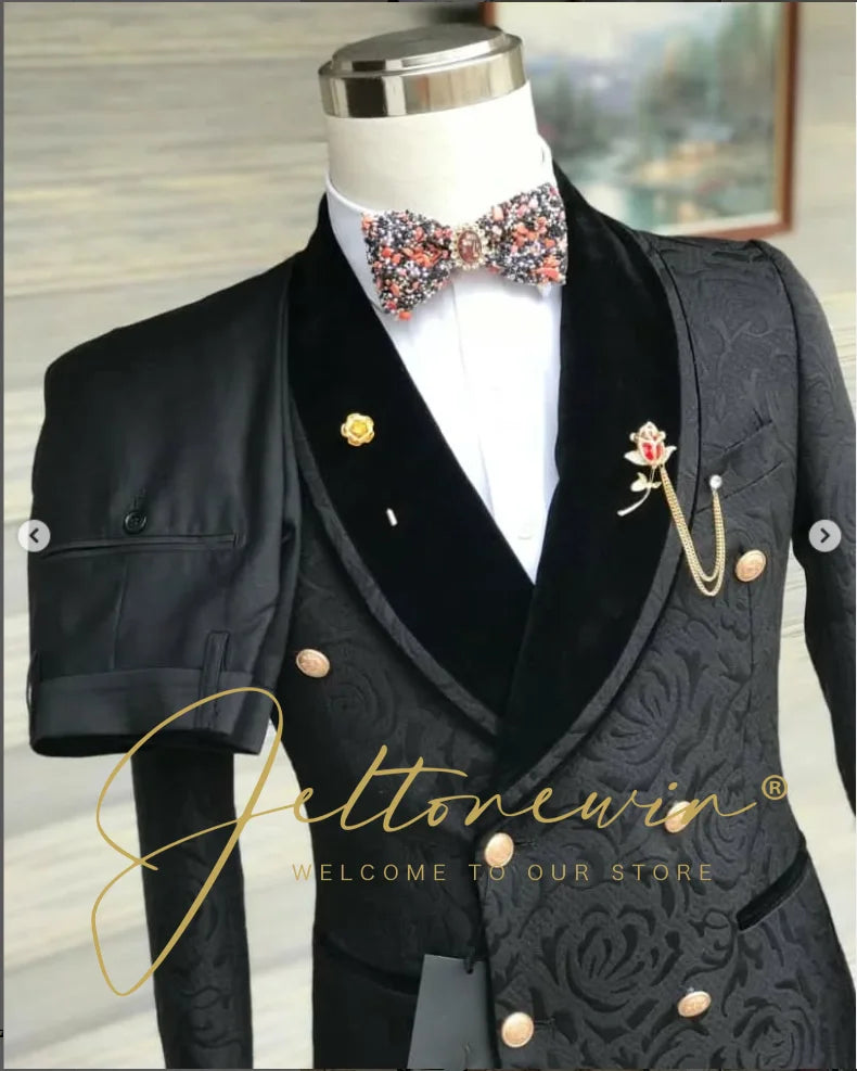 Men's Black Jacquard Two Piece Suit with Double Breasted Design and Velvet Lapel Slim Fit Formal Wear for Wedding Groomsmen Part