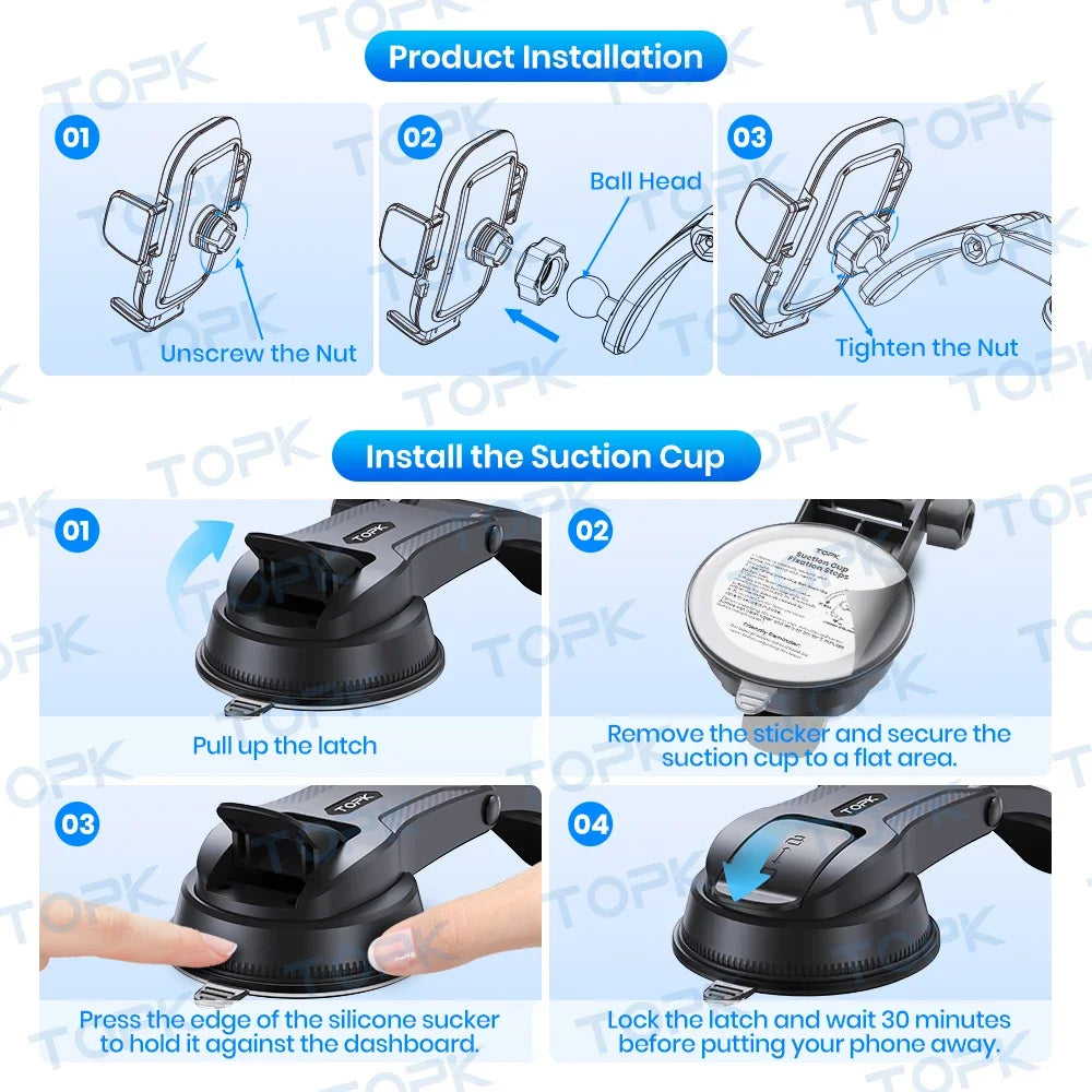 Support Téléphone Voiture TOPK Universel – 360°, Tableau de Bord, Tous Smartphones
