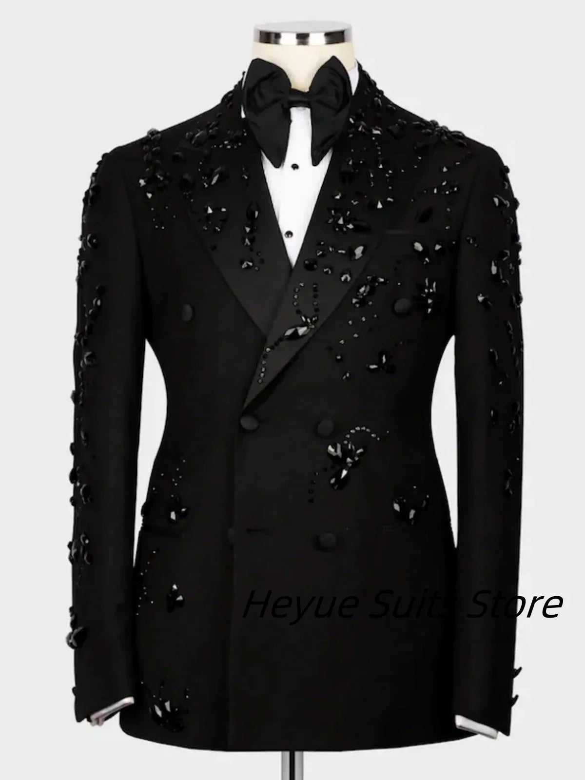 Elegant Luxury Men Suits Black Gold Double-Breasted Jewelry Ornament Shining Tuxedo for Wedding Party