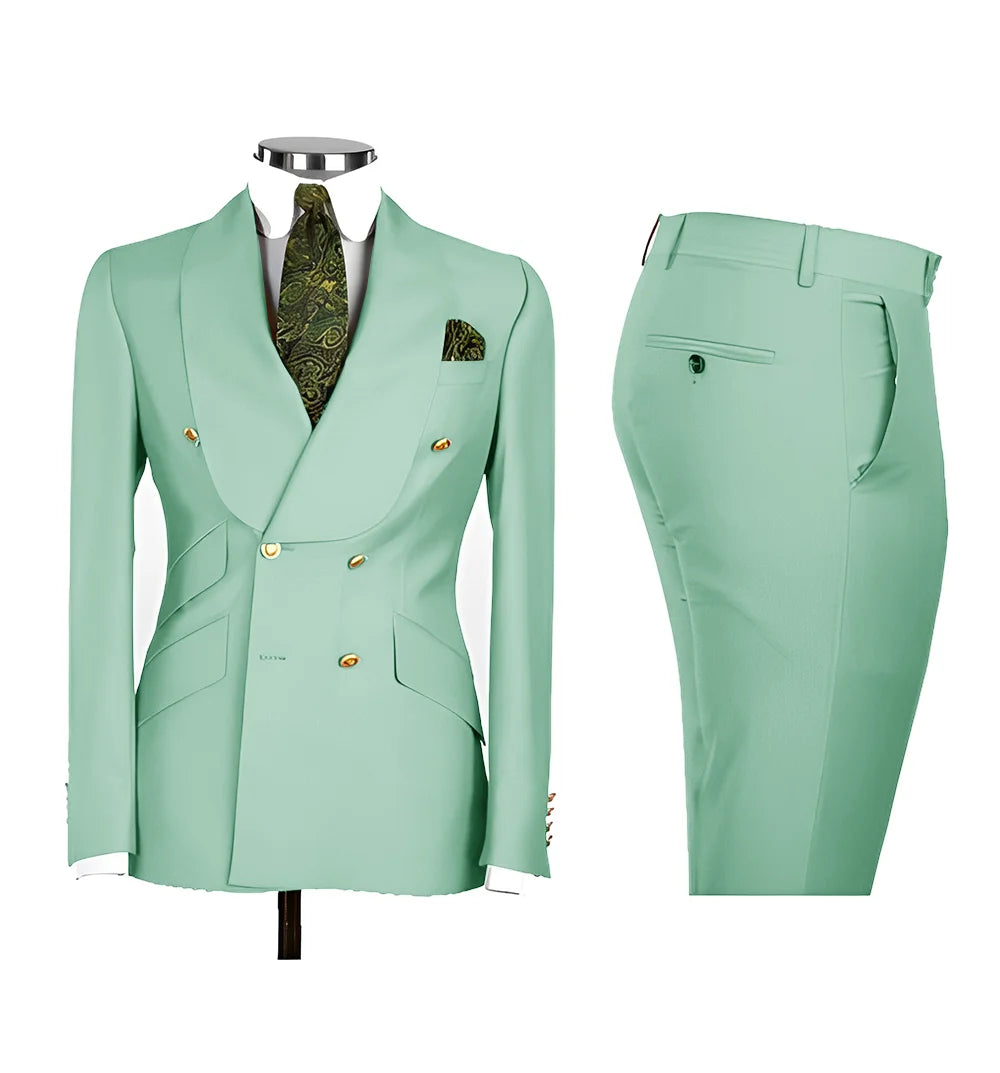 Light Blue Men's Suits Chic Double Breasted Blazer Peak Lapel Elegant Formal Set Male 2 Piece Jacket Pants Wedding Groom Tuxedos