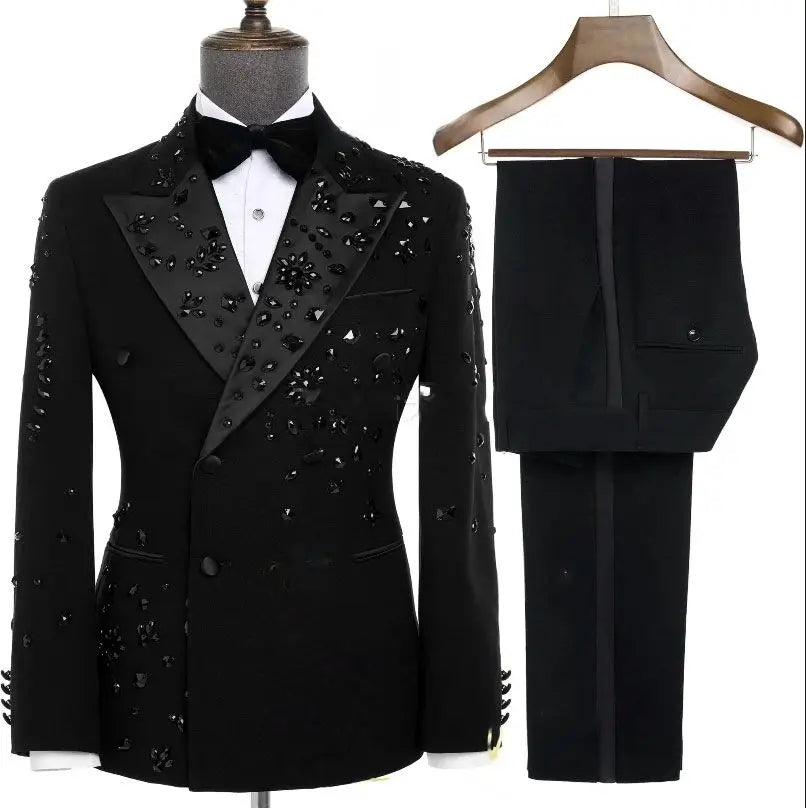 Elegant Luxury Men Suits Black Gold Double-Breasted Jewelry Ornament Shining Tuxedo for Wedding Party