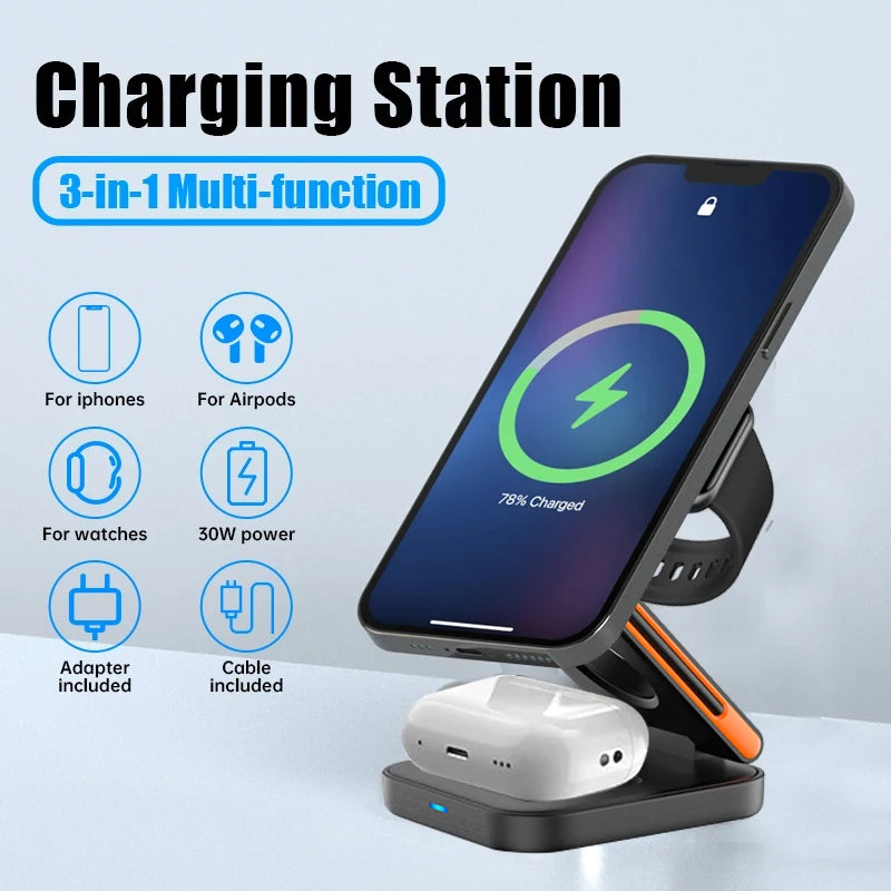 Station de Charge Magnétique 3-en-1 – Compatible iPhone, Apple Watch & AirPods