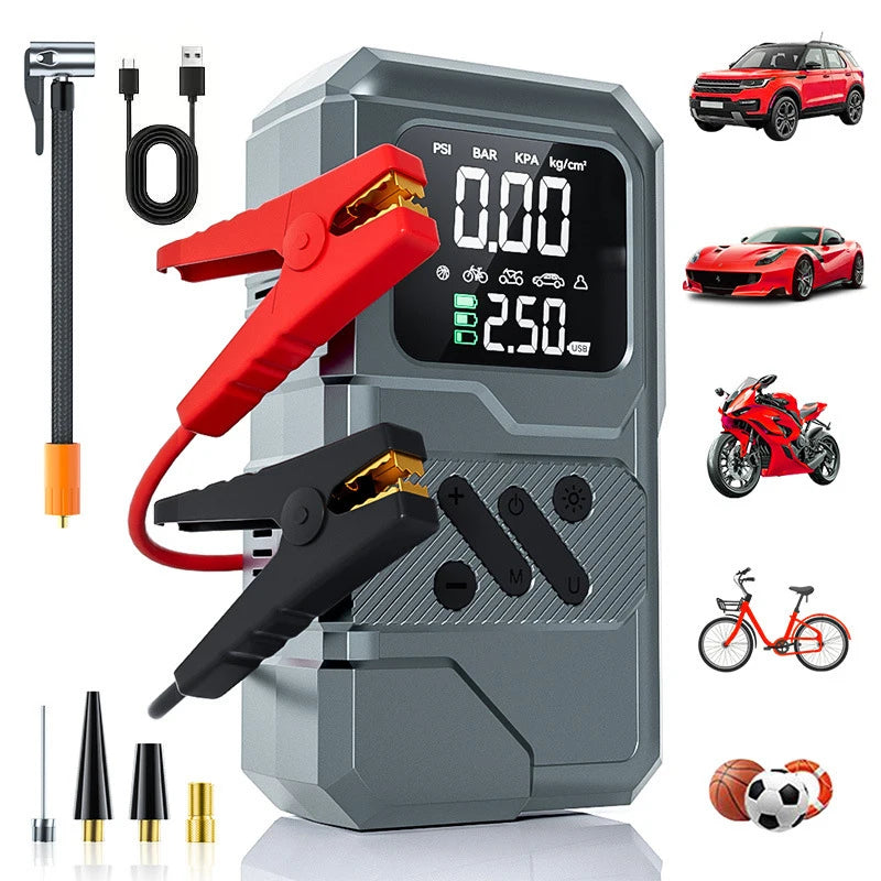 Pompe à Air Portable Tout-en-Un – Démarrage Urgence, Power Bank & Gonfleur