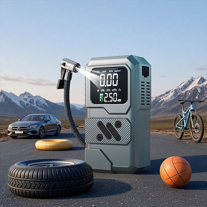 Pompe à Air Portable Tout-en-Un – Démarrage Urgence, Power Bank & Gonfleur