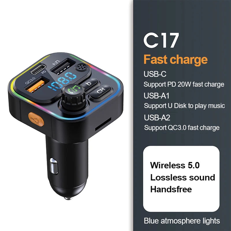 Transmetteur FM Bluetooth 5.0 – Charge Rapide 22.5W, Mains Libres & MP3