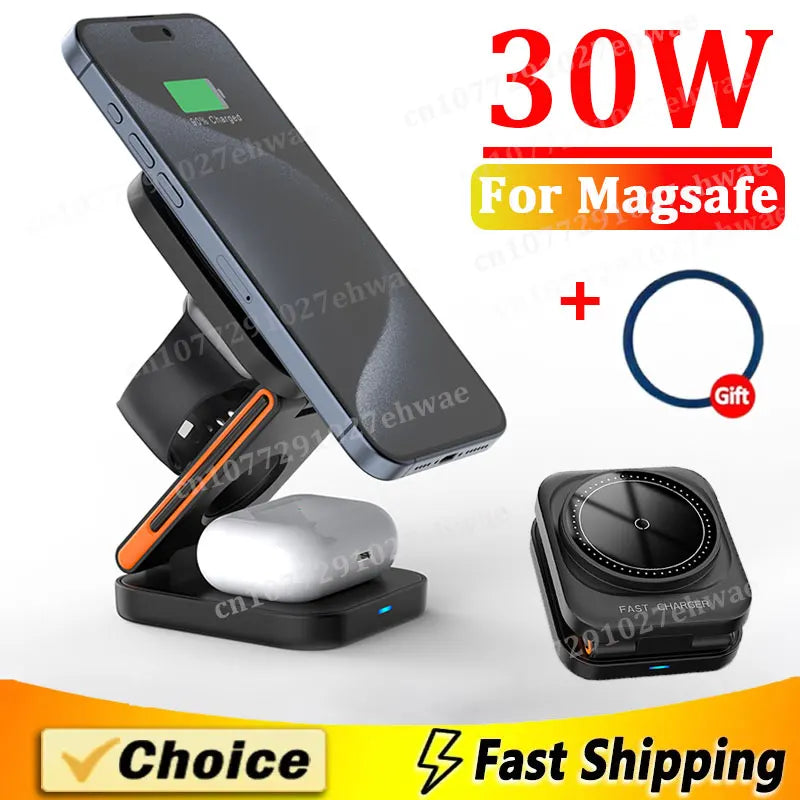Station de Charge Magnétique 3-en-1 – Compatible iPhone, Apple Watch & AirPods