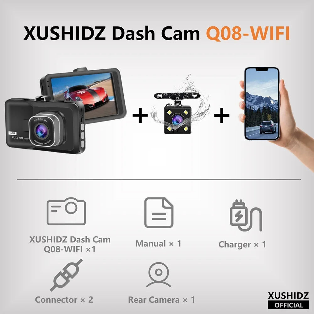 Dashcam XUSHIDZ 1080P HD – Vision Nocturne, Enregistrement en Boucle & Capteur G