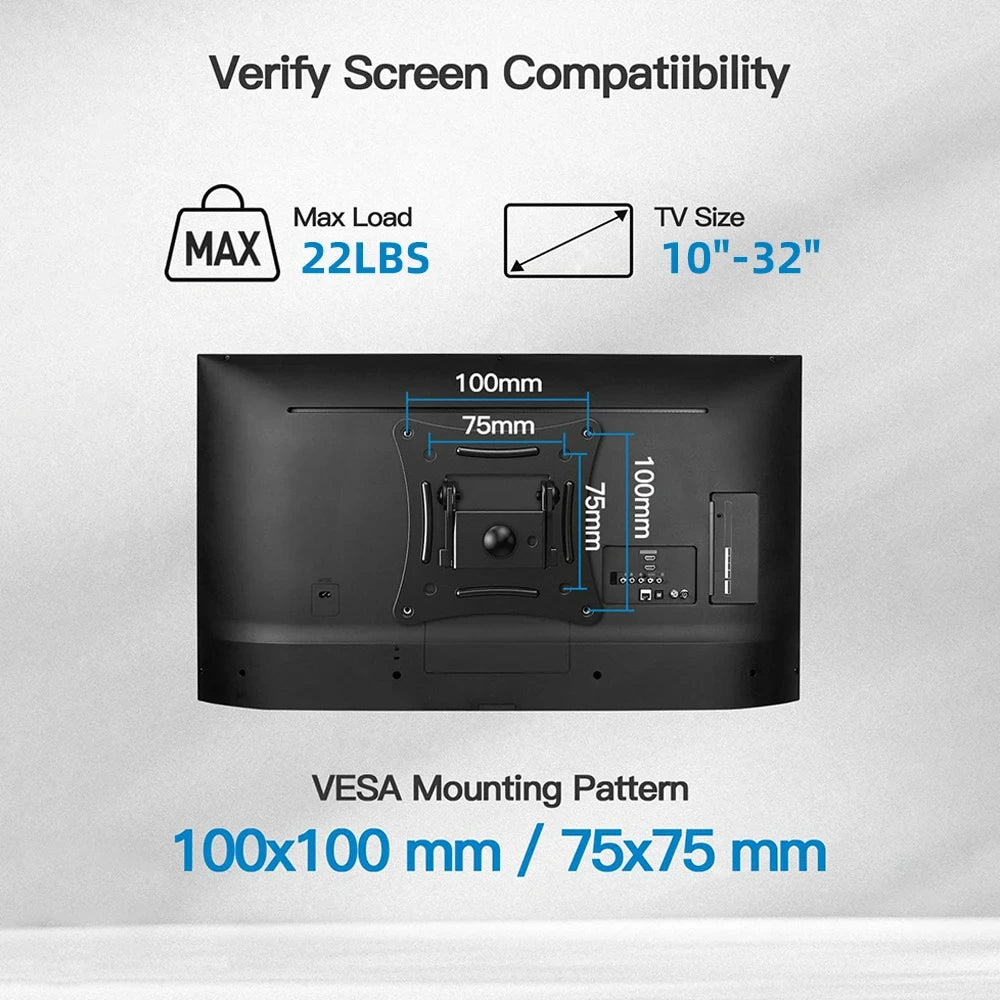 Support TV Mural Réglable – 10"-32", VESA 100x100, Jusqu’à 10kg