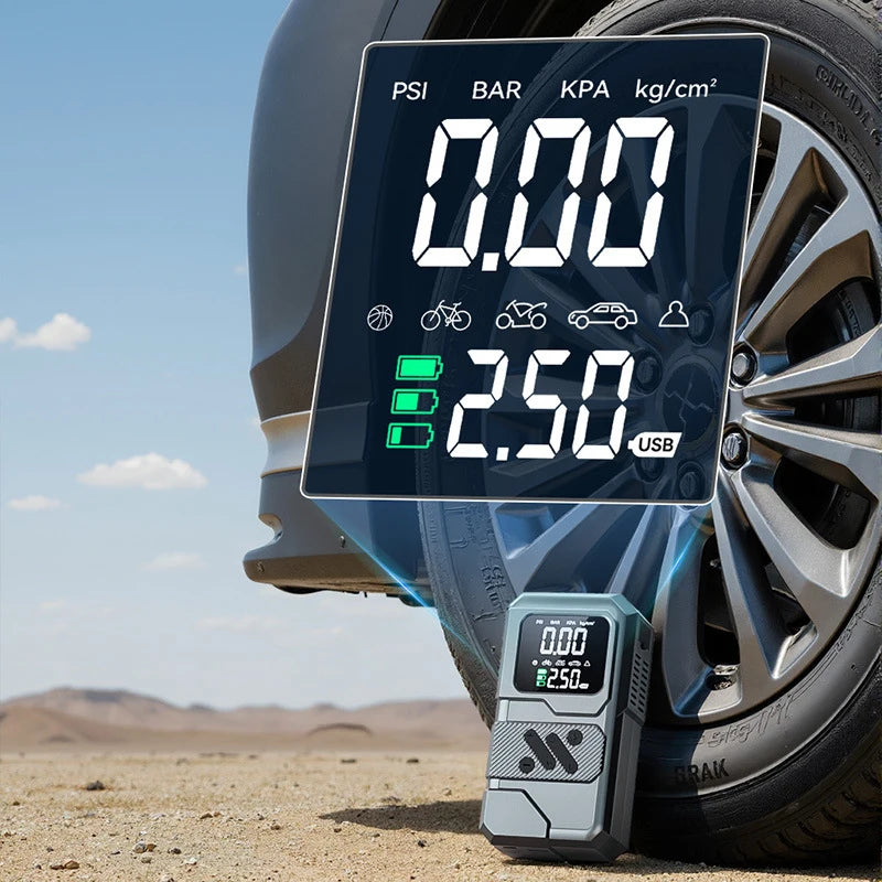 Pompe à Air Portable Tout-en-Un – Démarrage Urgence, Power Bank & Gonfleur